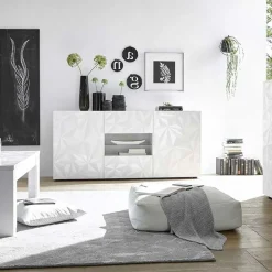 Garnero Arredamenti Madia 181x84h cm 2 ante soggiorno bianco laccato lucido con serigrafia Marvis Bianco Lucido