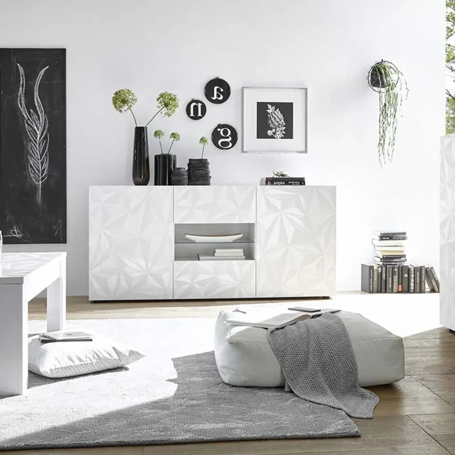 Garnero Arredamenti Madia 181x84h cm 2 ante soggiorno bianco laccato lucido con serigrafia Marvis Bianco Lucido