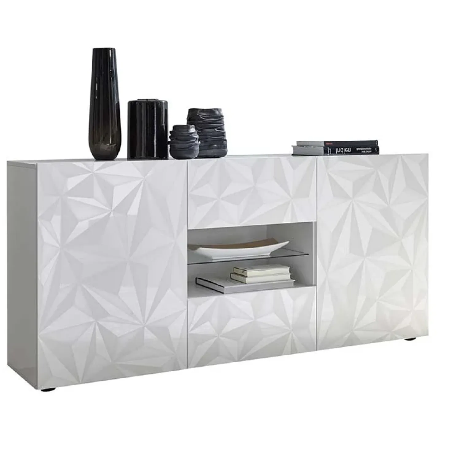 Garnero Arredamenti Madia 181x84h cm 2 ante soggiorno bianco laccato lucido con serigrafia Marvis Bianco Lucido