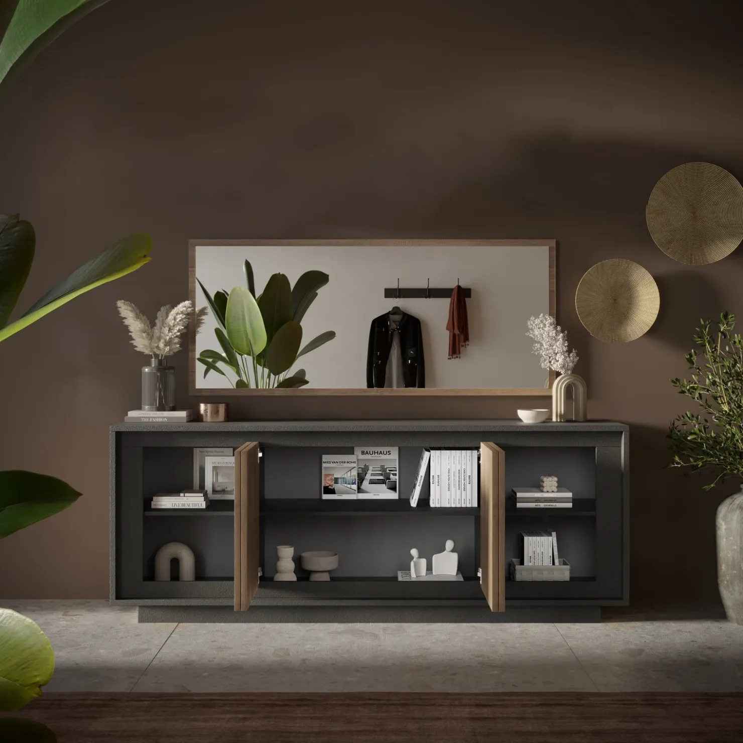 Garnero Arredamenti Madia 207x80h cm 4 ante soggiorno antracite rovere scuro Savoy Online