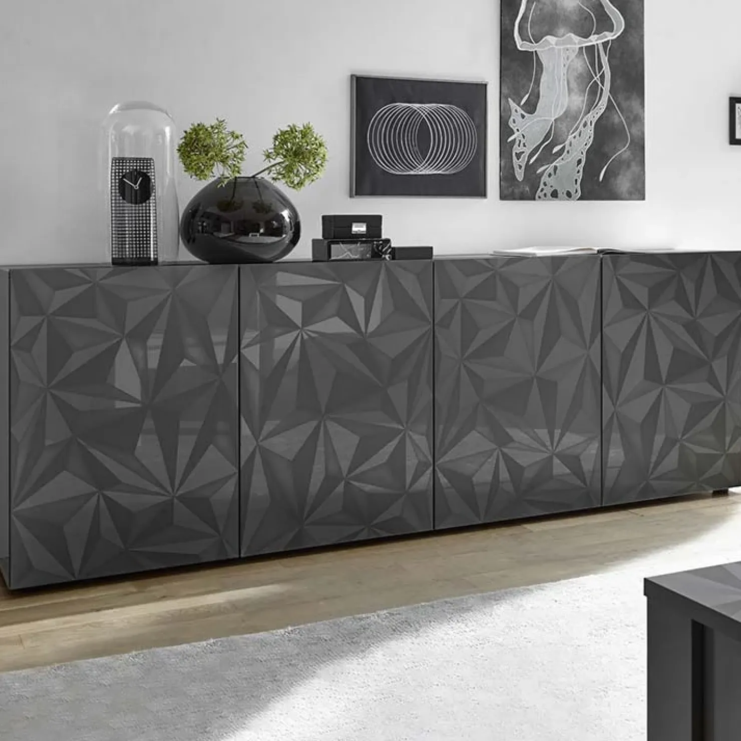 Garnero Arredamenti Madia 241x84h cm 4 ante soggiorno grigio con serigrafia Marvis Antracite Hot