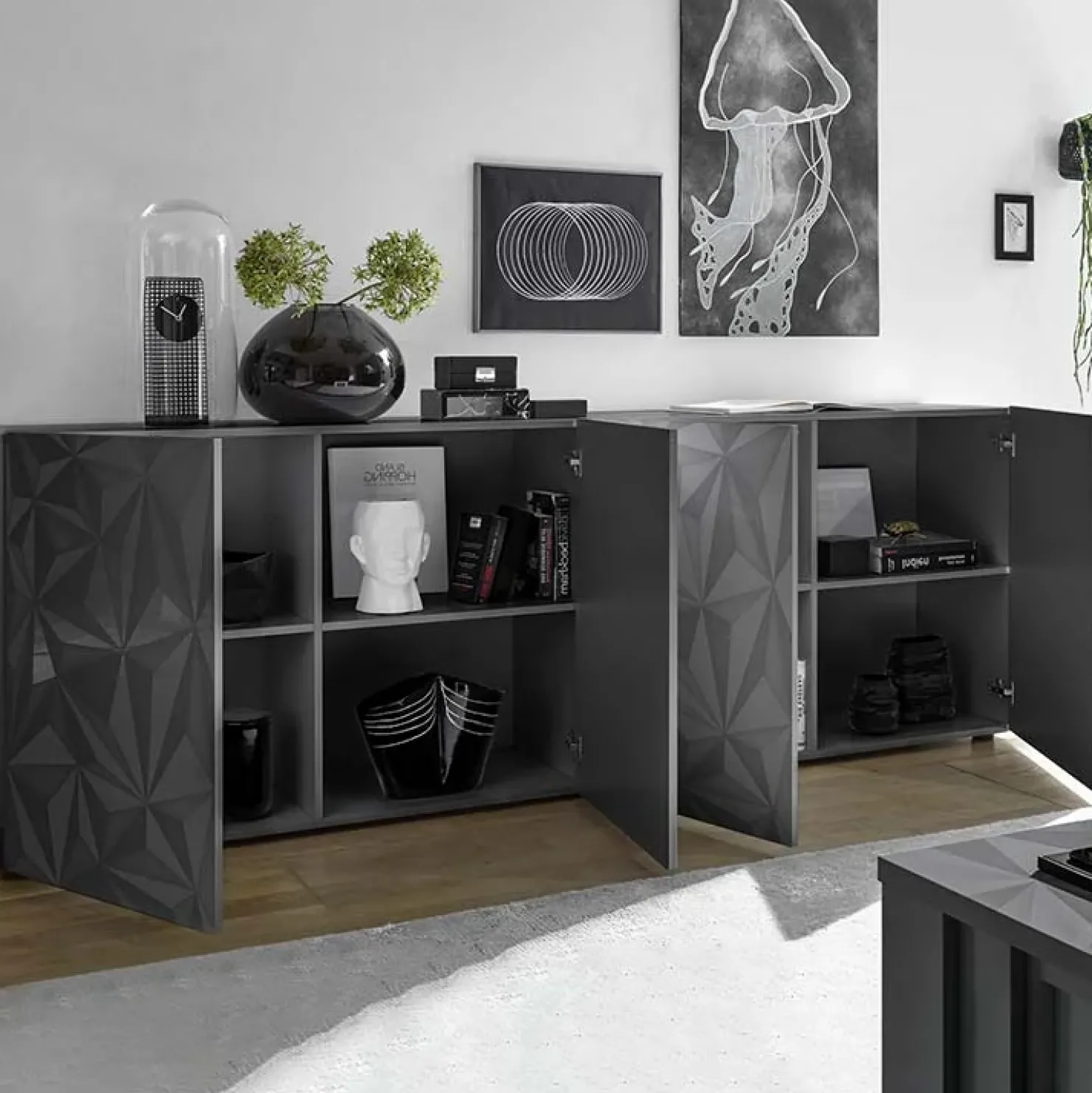 Garnero Arredamenti Madia 241x84h cm 4 ante soggiorno grigio con serigrafia Marvis Antracite Hot