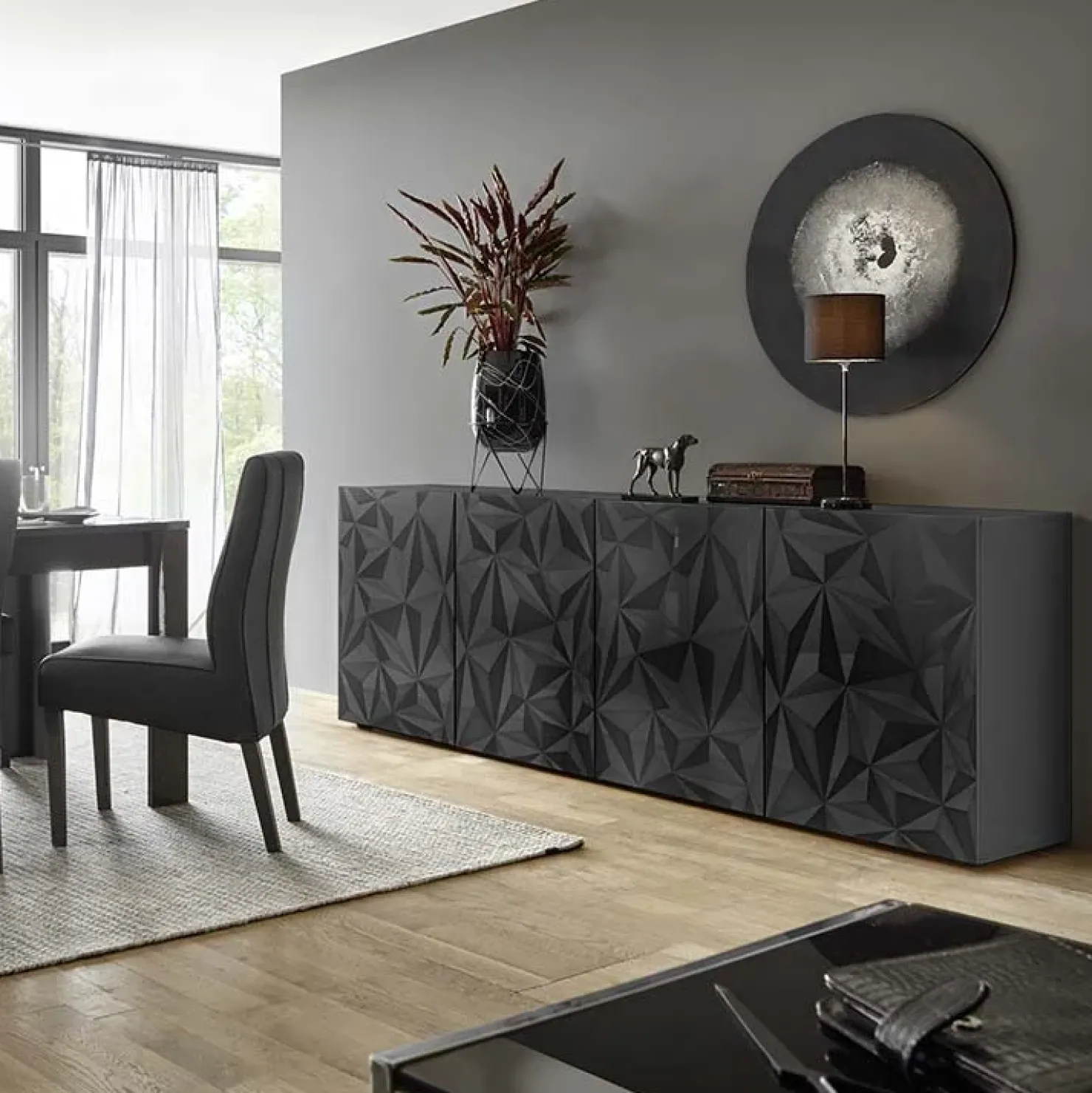 Garnero Arredamenti Madia 241x84h cm 4 ante soggiorno grigio con serigrafia Marvis Antracite Hot