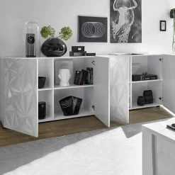 Garnero Arredamenti Madia 241x84h cm 4 ante soggiorno con serigrafia Marvis Bianco Lucido