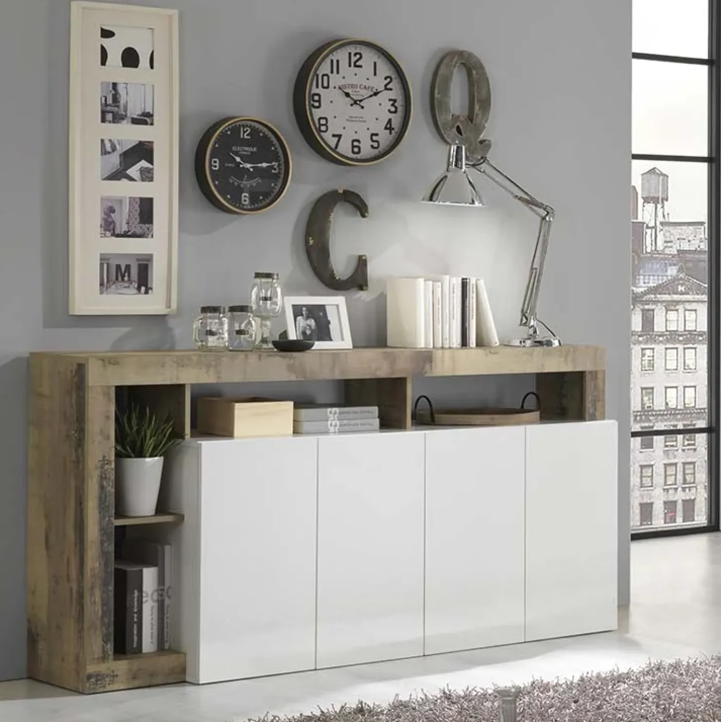 Garnero Arredamenti Madia 184x93h cm 4 ante soggiorno bianco lucido pero Invictus Bianco Lucido - Rovere Rustico
