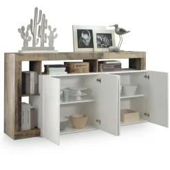 Garnero Arredamenti Madia 184x93h cm 4 ante soggiorno bianco lucido pero Invictus Bianco Lucido - Rovere Rustico