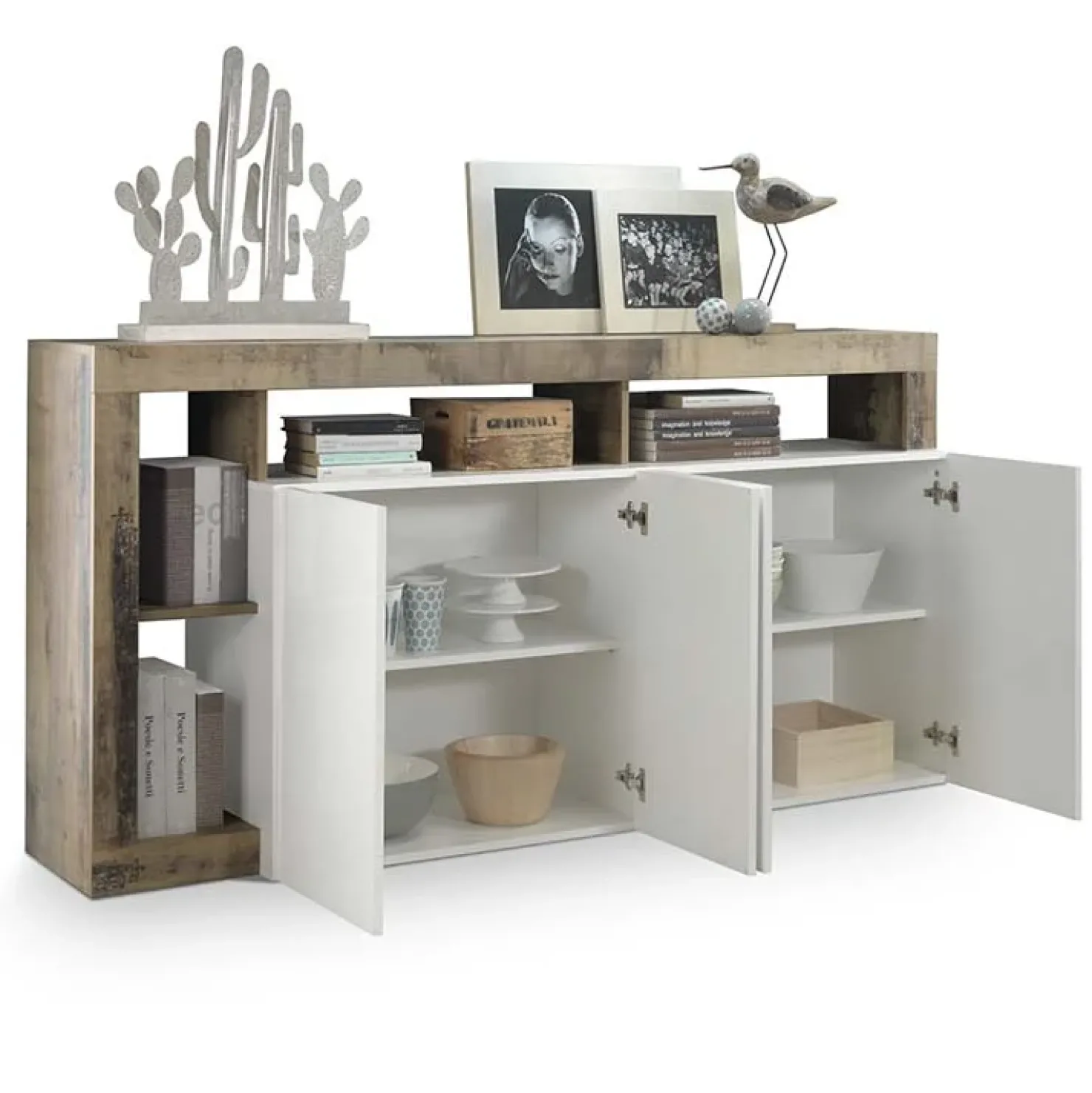 Garnero Arredamenti Madia 184x93h cm 4 ante soggiorno bianco lucido pero Invictus Bianco Lucido - Rovere Rustico