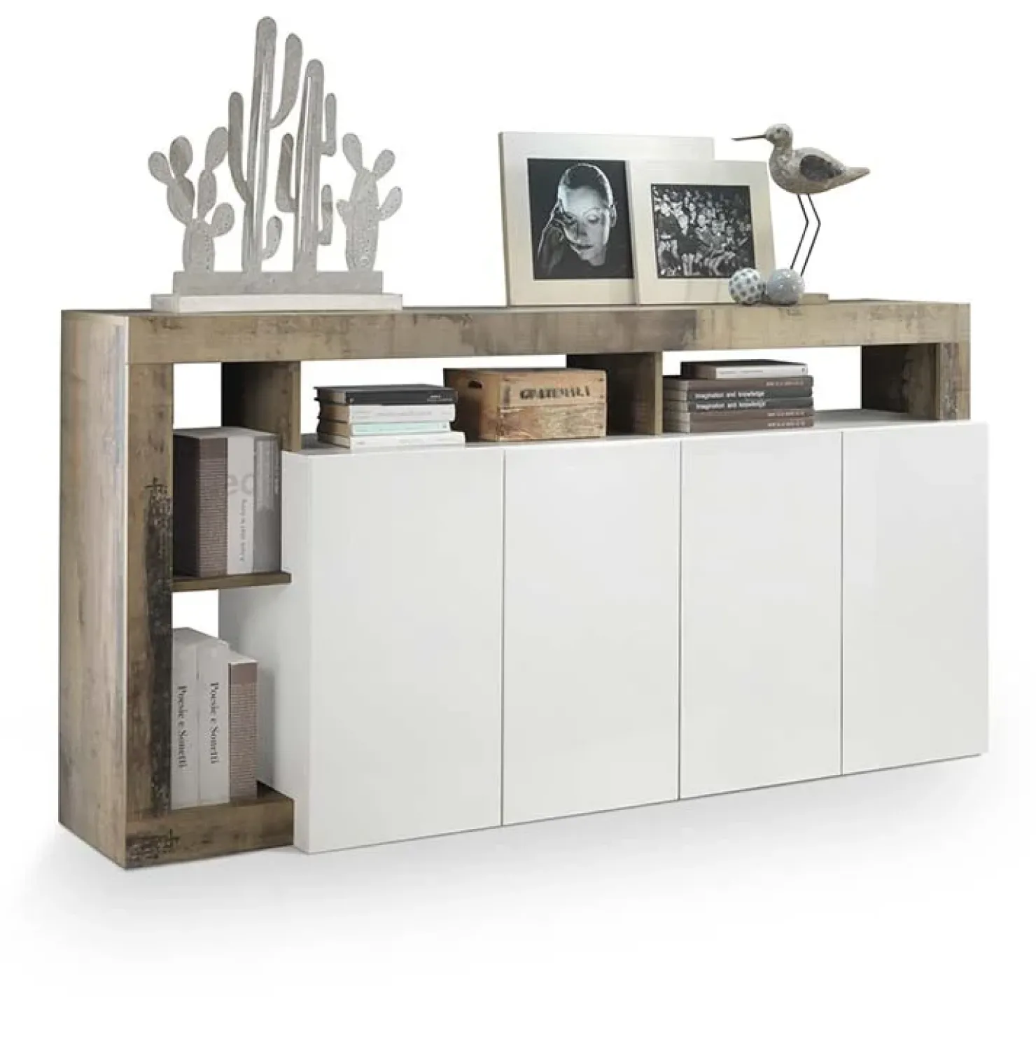 Garnero Arredamenti Madia 184x93h cm 4 ante soggiorno bianco lucido pero Invictus Bianco Lucido - Rovere Rustico
