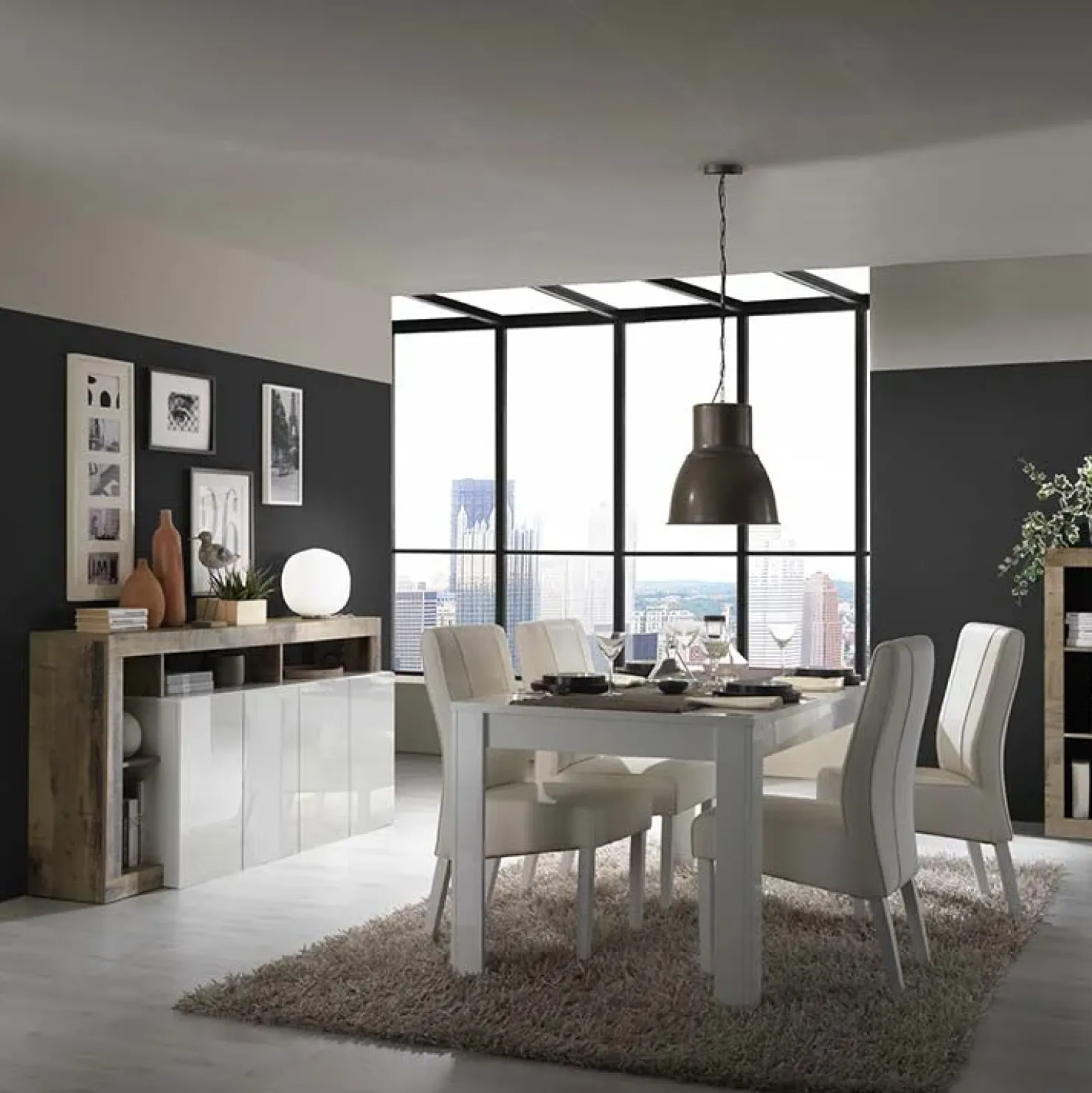 Garnero Arredamenti Madia 184x93h cm 4 ante soggiorno bianco lucido pero Invictus Bianco Lucido - Rovere Rustico