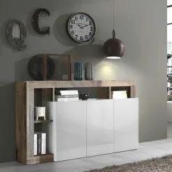 Garnero Arredamenti Madia 146x93h cm 3 ante vani a giorno moderna bianco pero Invictus Bianco Lucido - Rovere Rustico Best