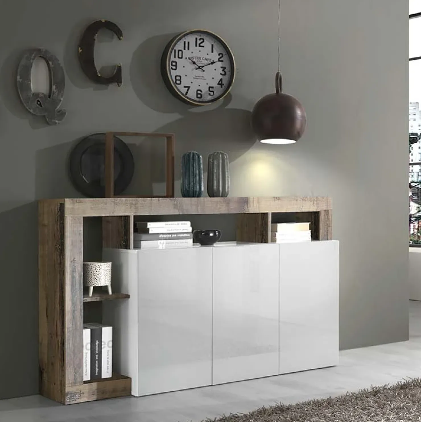 Garnero Arredamenti Madia 146x93h cm 3 ante vani a giorno moderna bianco pero Invictus Bianco Lucido - Rovere Rustico Best