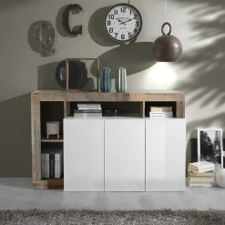 Garnero Arredamenti Madia 146x93h cm 3 ante vani a giorno moderna bianco pero Invictus Bianco Lucido - Rovere Rustico Best