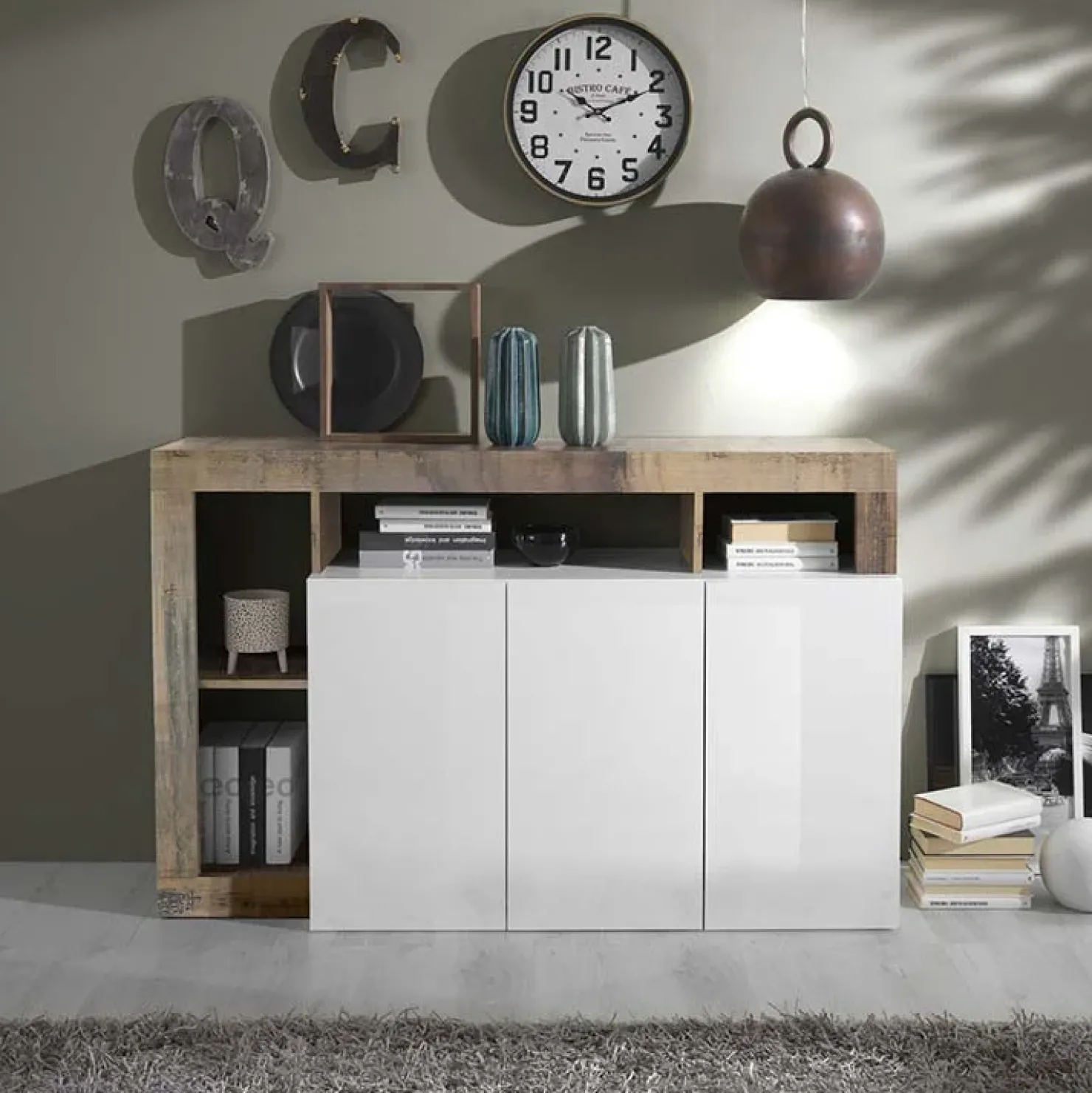 Garnero Arredamenti Madia 146x93h cm 3 ante vani a giorno moderna bianco pero Invictus Bianco Lucido - Rovere Rustico Best