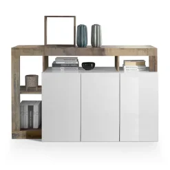 Garnero Arredamenti Madia 146x93h cm 3 ante vani a giorno moderna bianco pero Invictus Bianco Lucido - Rovere Rustico Best