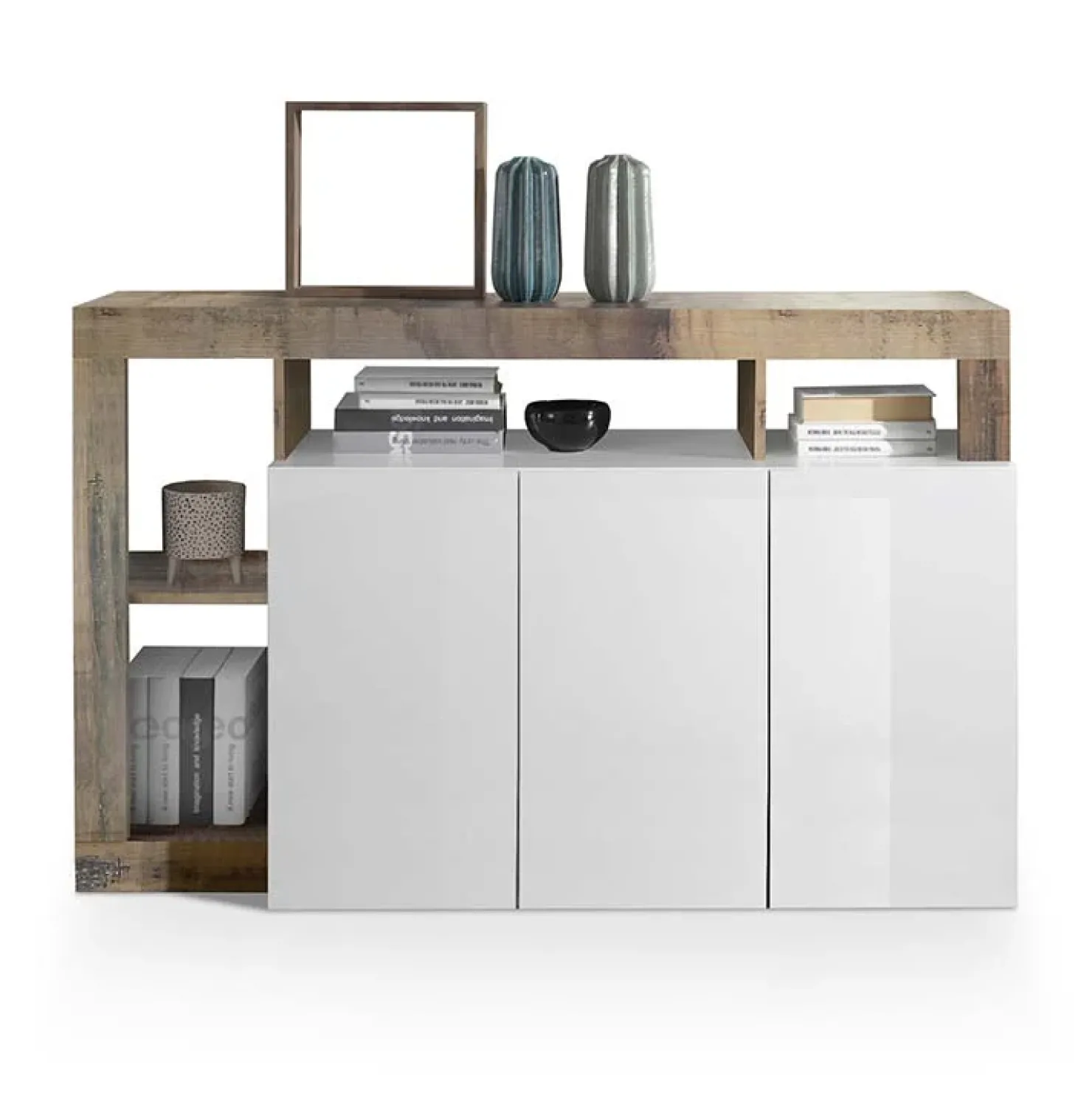 Garnero Arredamenti Madia 146x93h cm 3 ante vani a giorno moderna bianco pero Invictus Bianco Lucido - Rovere Rustico Best