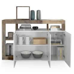 Garnero Arredamenti Madia 146x93h cm 3 ante vani a giorno moderna bianco pero Invictus Bianco Lucido - Rovere Rustico Best