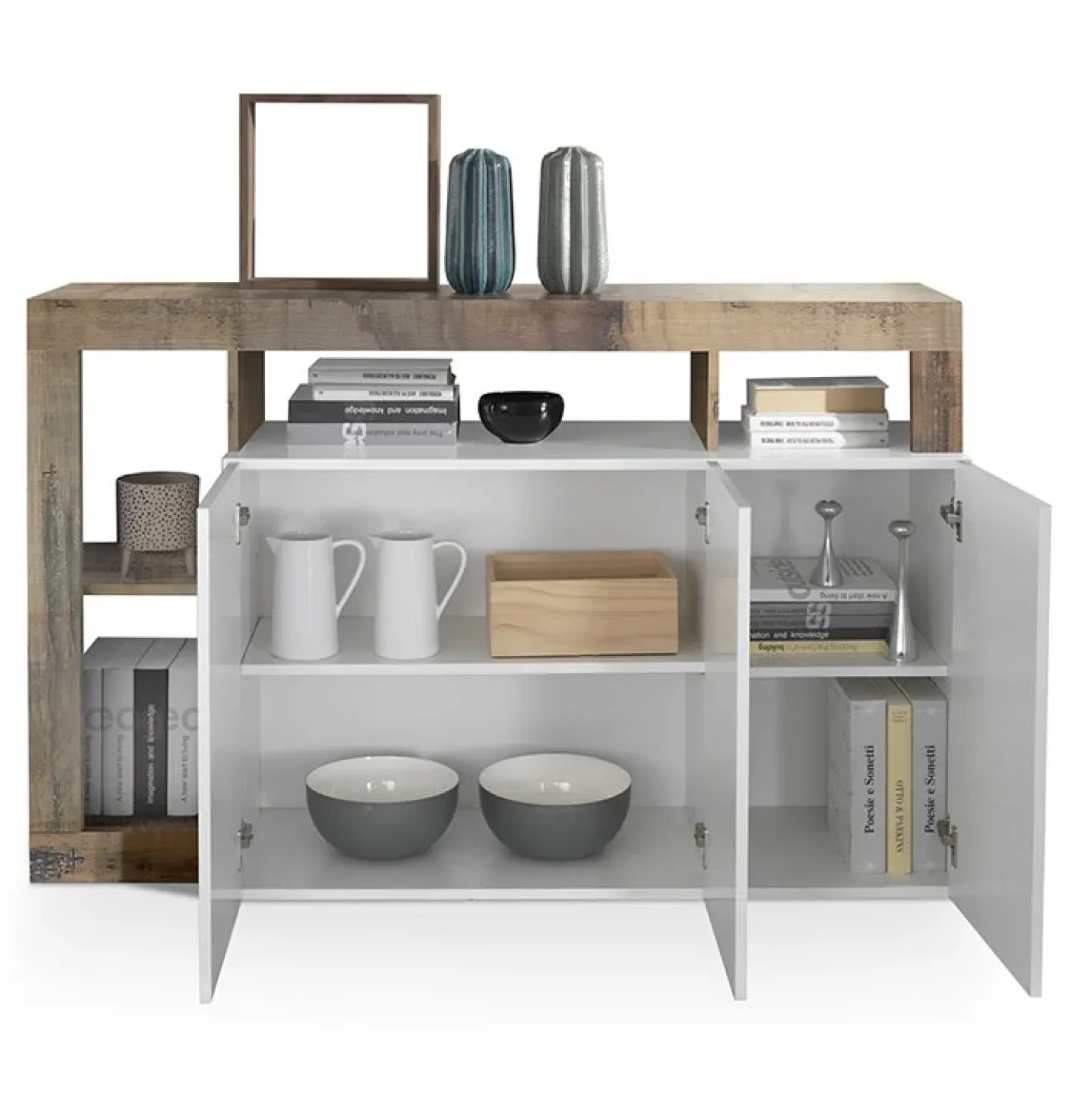 Garnero Arredamenti Madia 146x93h cm 3 ante vani a giorno moderna bianco pero Invictus Bianco Lucido - Rovere Rustico Best