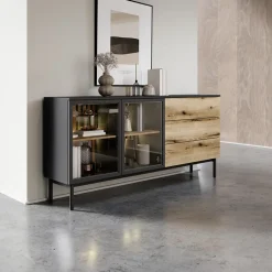 Garnero Arredamenti Madia 180x85h cm 2 ante vetrate 3 cassetti con led nero opaco rovere Amel Hot