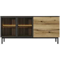 Garnero Arredamenti Madia 180x85h cm 2 ante vetrate 3 cassetti con led nero opaco rovere Amel Hot