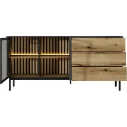 Garnero Arredamenti Madia 180x85h cm 2 ante vetrate 3 cassetti con led nero opaco rovere Amel Hot