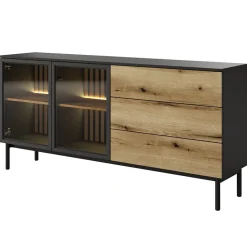 Garnero Arredamenti Madia 180x85h cm 2 ante vetrate 3 cassetti con led nero opaco rovere Amel Hot