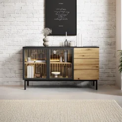 Garnero Arredamenti Madia 150x85h cm 2 ante vetrate 3 cassetti con led nero rovere Amel