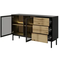 Garnero Arredamenti Madia 150x85h cm 2 ante vetrate 3 cassetti con led nero rovere Amel