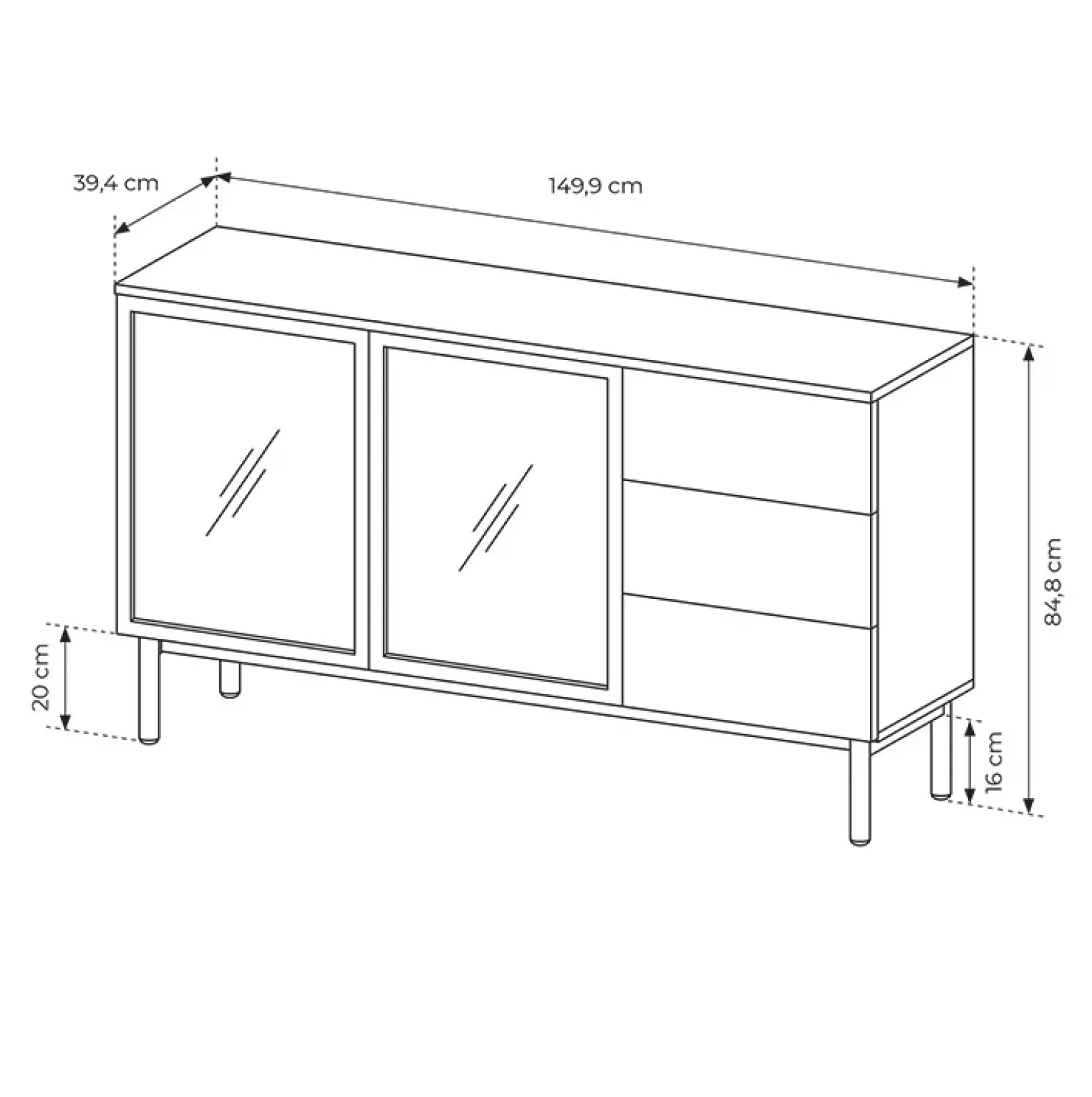 Garnero Arredamenti Madia 150x85h cm 2 ante vetrate 3 cassetti con led nero rovere Amel