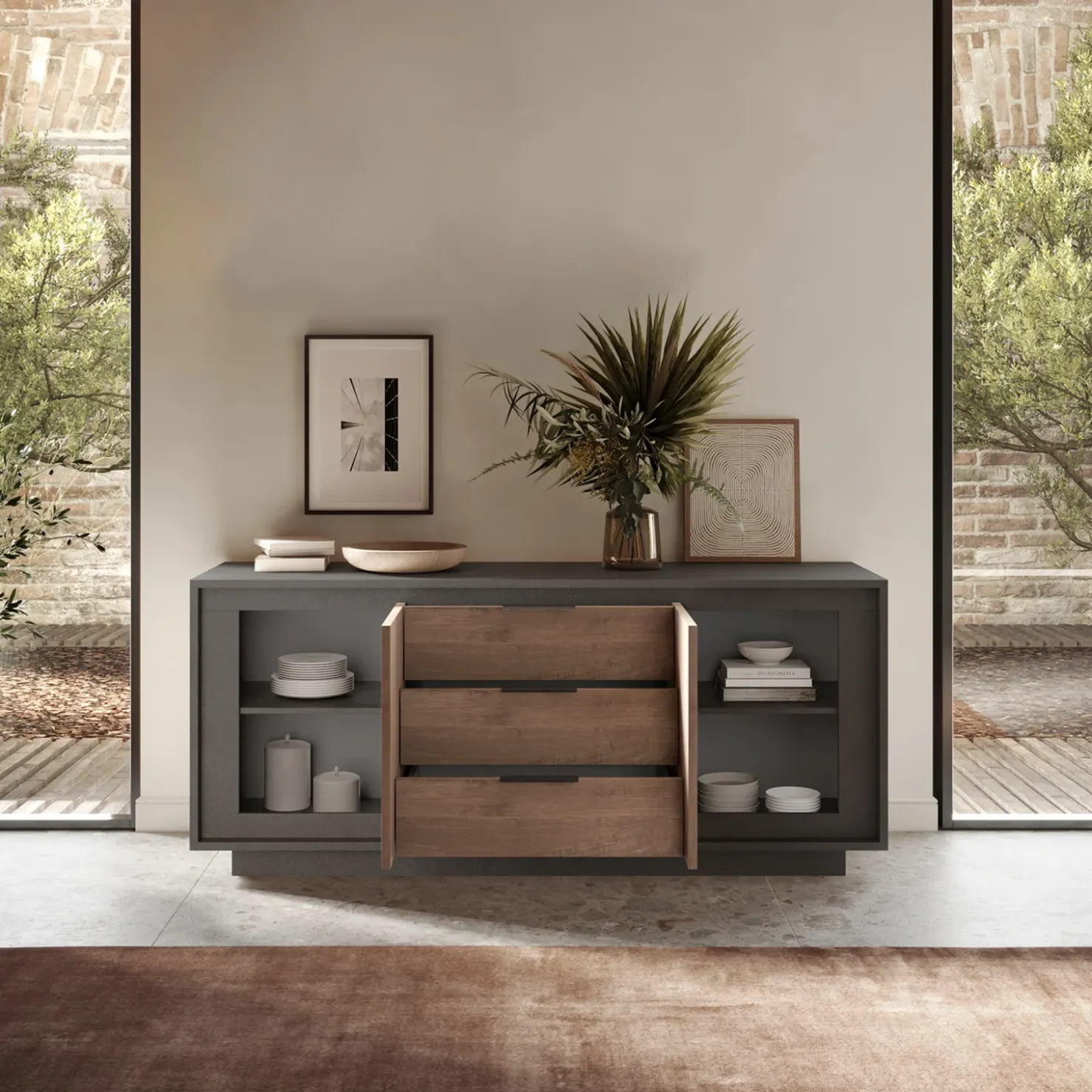 Garnero Arredamenti Madia 180x80h cm 3 cassetti 2 ante moderna antracite rovere scuro Deluxe Antracite - Rovere Rustico Sale