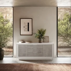 Garnero Arredamenti Madia 180x80h cm 3 cassetti 2 ante moderna bianco opaco grigio cemento Deluxe Cemento - Bianco opaco