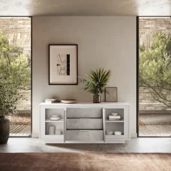 Garnero Arredamenti Madia 180x80h cm 3 cassetti 2 ante moderna bianco opaco grigio cemento Deluxe Cemento - Bianco opaco