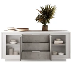 Garnero Arredamenti Madia 180x80h cm 3 cassetti 2 ante moderna bianco opaco grigio cemento Deluxe Cemento - Bianco opaco