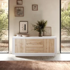 Garnero Arredamenti Madia 180x80h cm 3 cassetti 2 ante moderna bianco opaco rovere chiaro Deluxe Rovere - Bianco opaco