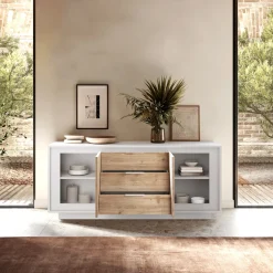 Garnero Arredamenti Madia 180x80h cm 3 cassetti 2 ante moderna bianco opaco rovere chiaro Deluxe Rovere - Bianco opaco