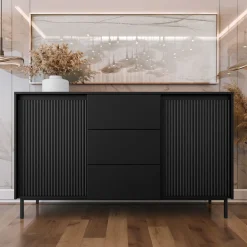 Garnero Arredamenti Madia 153x90h cm 3 cassetti design cannettato nero Strike Nero Opaco