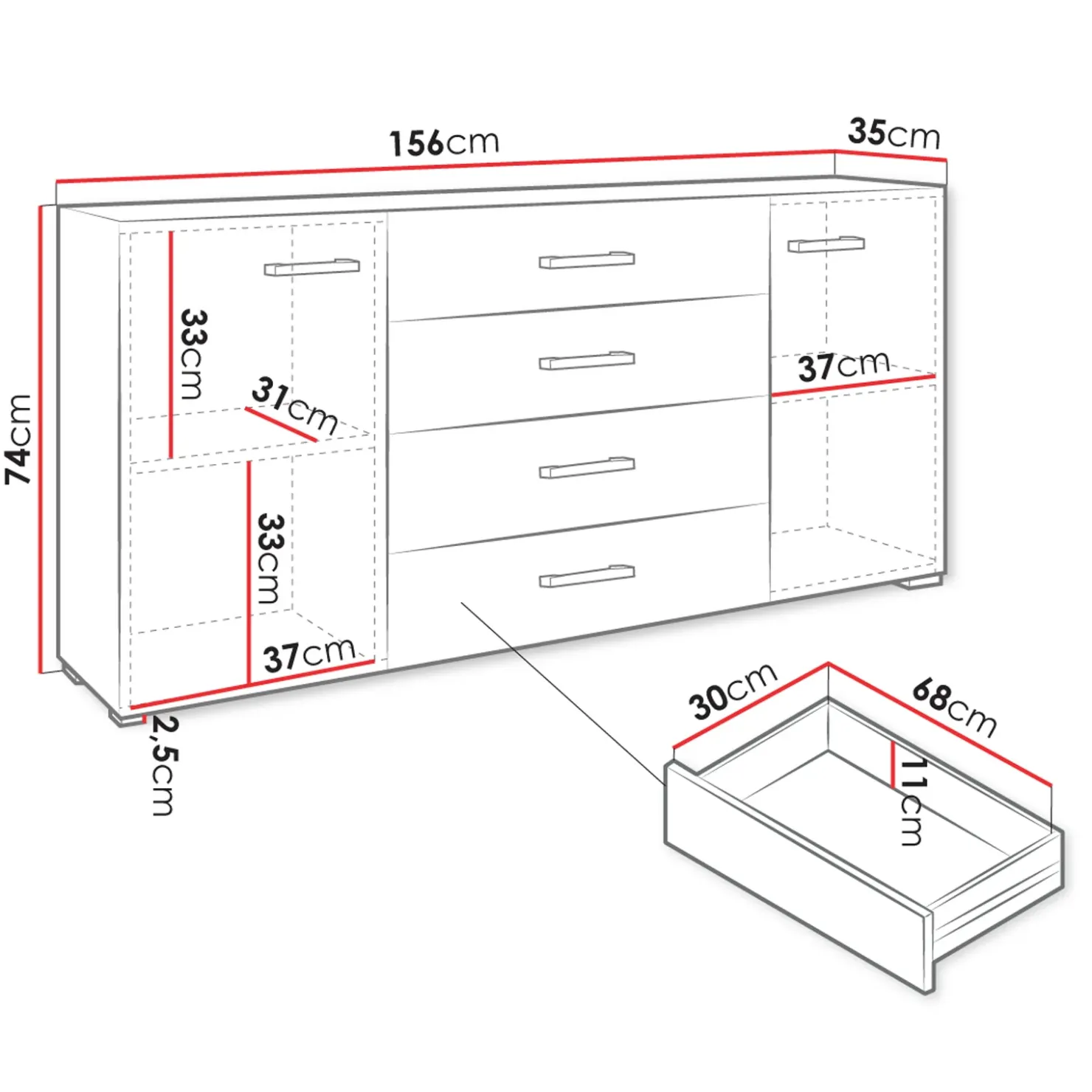 Garnero Arredamenti Madia 156x74h cm 4 cassetti design moderno bianco Pastello Clearance
