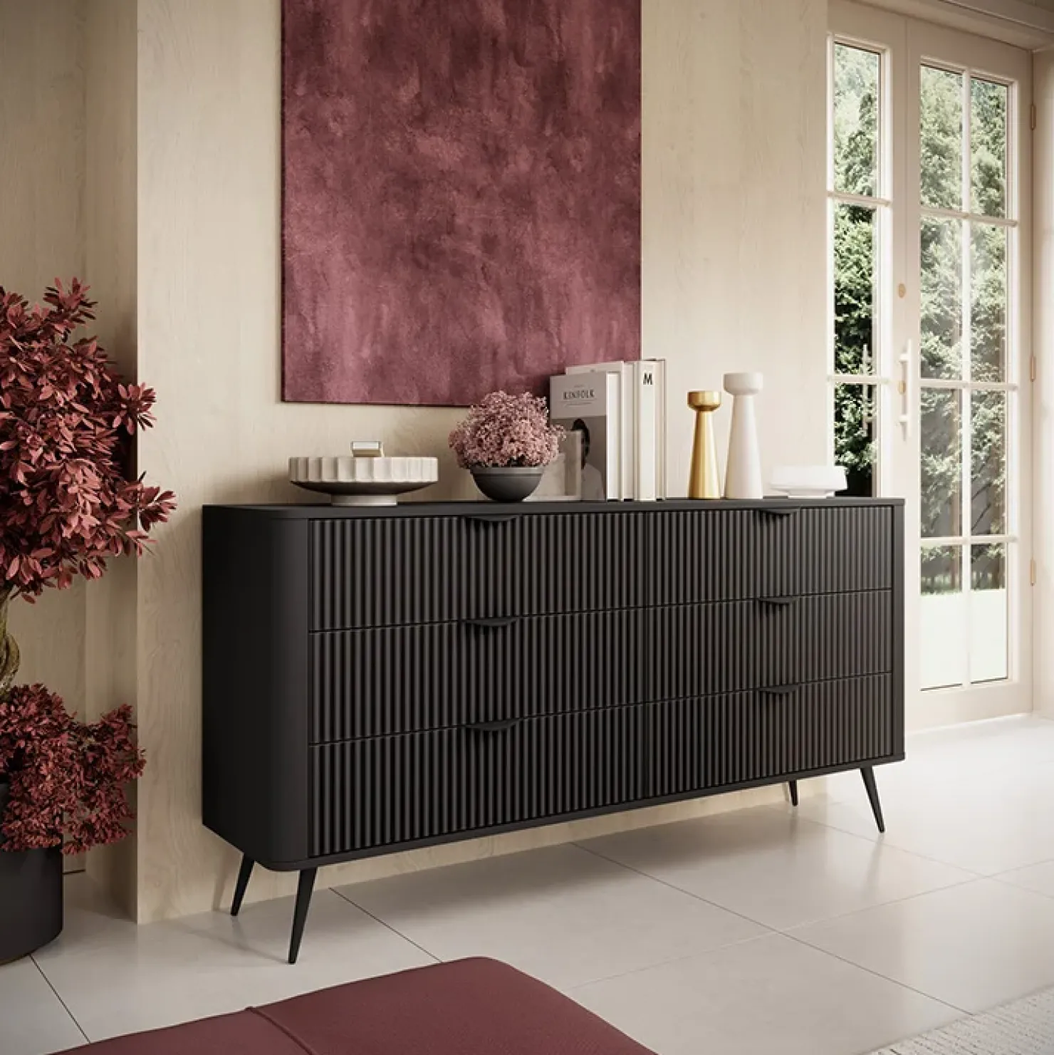 Garnero Arredamenti Madia 163x81h cm 6 cassetti moderna cannettato Ramis Nero Opaco Best