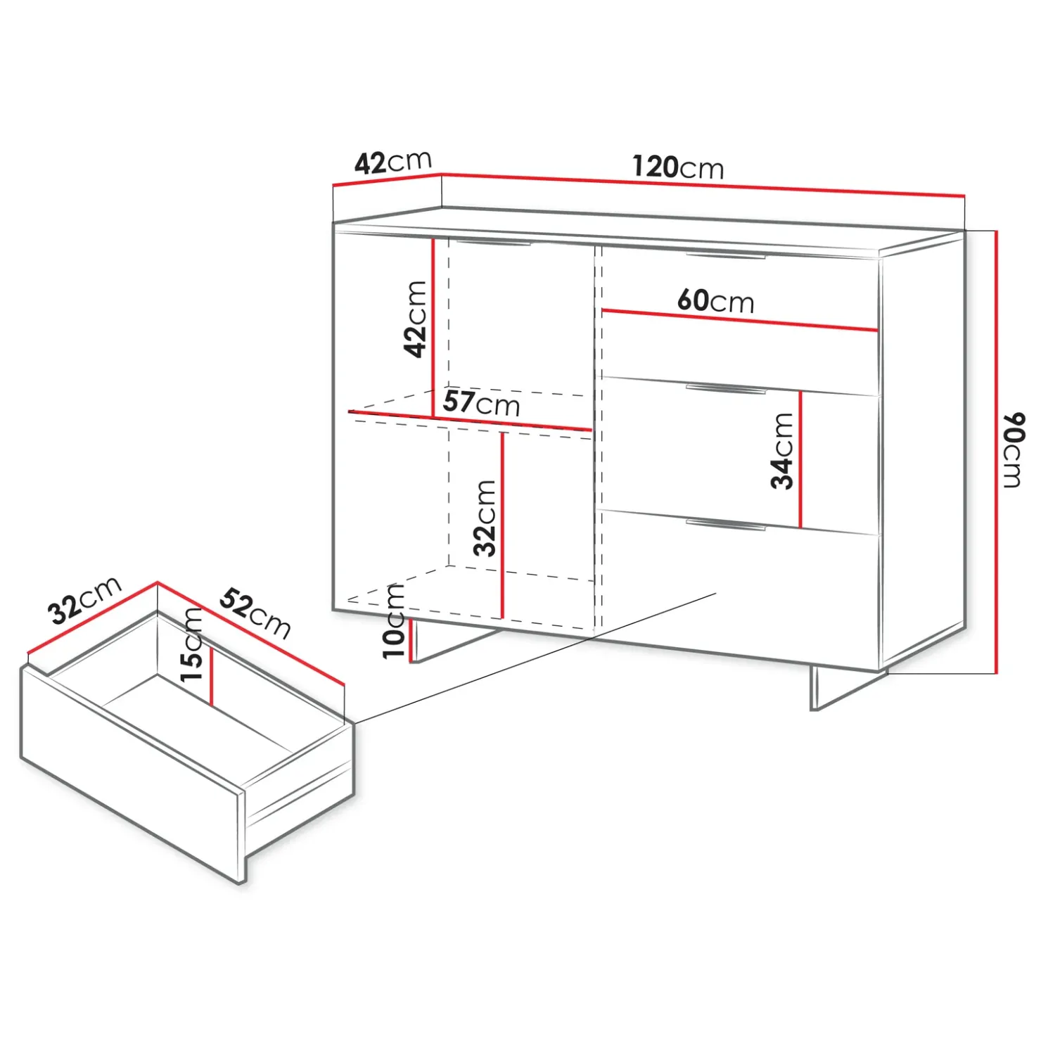 Garnero Arredamenti Madia 120x90h cm 3 cassetti soggiorno grigio Stone Sale