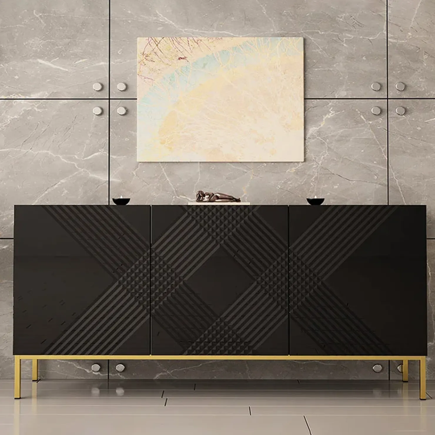 Garnero Arredamenti Madia 160x76h cm con frontale decorato moderna nero lucido Marisa New