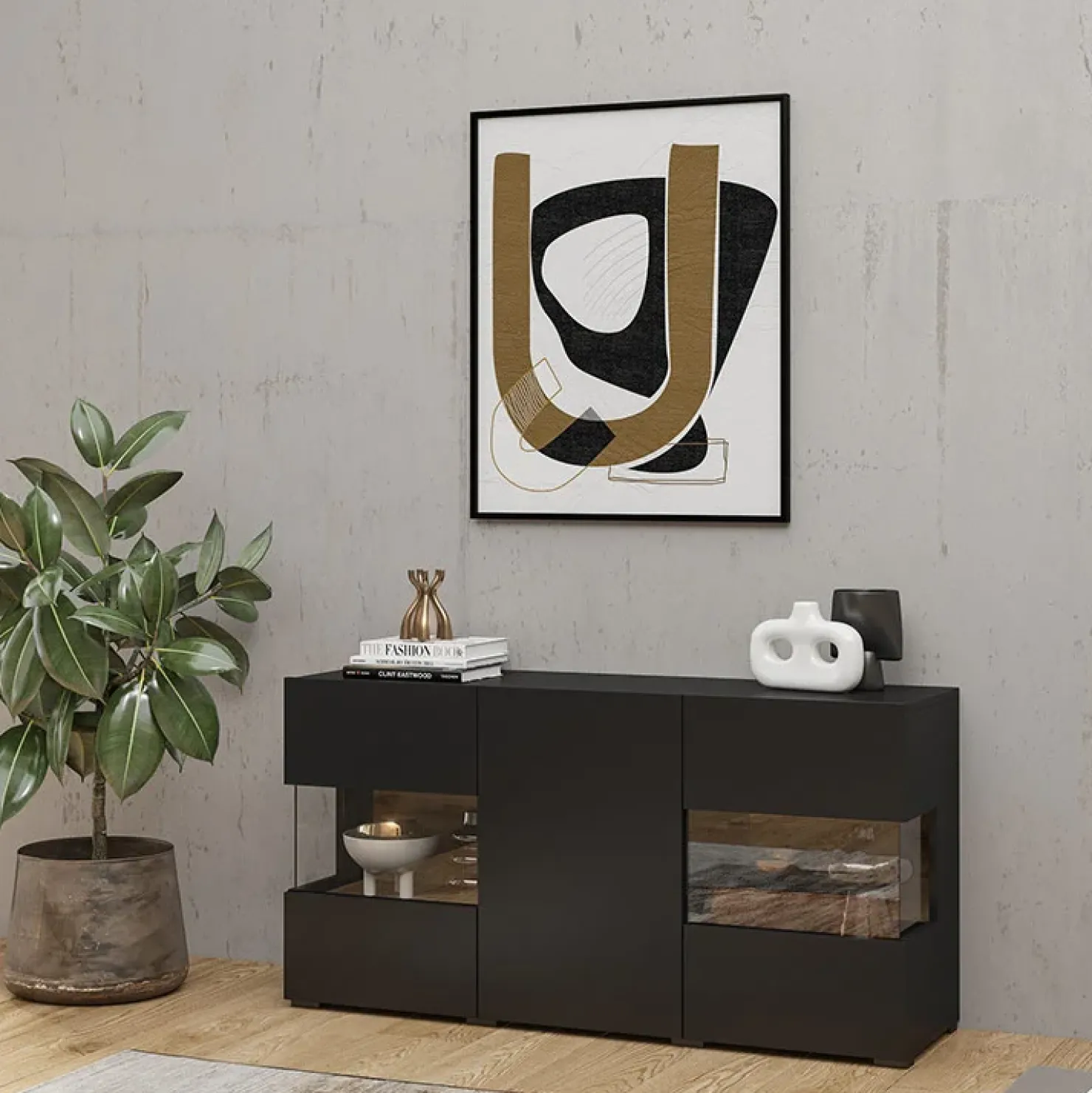 Garnero Arredamenti Madia 120x62h cm con vetrinetta moderna nero rovere Fusion Nero Opaco Sale