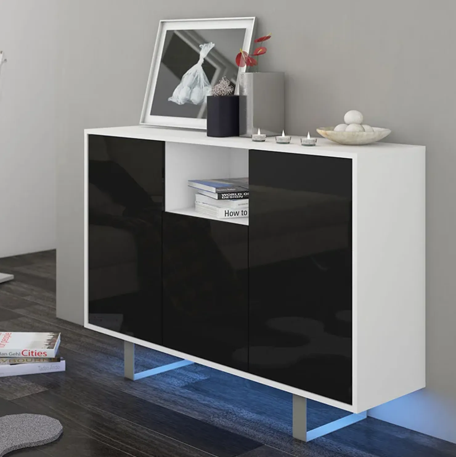 Garnero Arredamenti Madia 120x90h cm moderna bianco opaco nero lucido Kelli Gihome® Nero Lucido - Bianco opaco Clearance