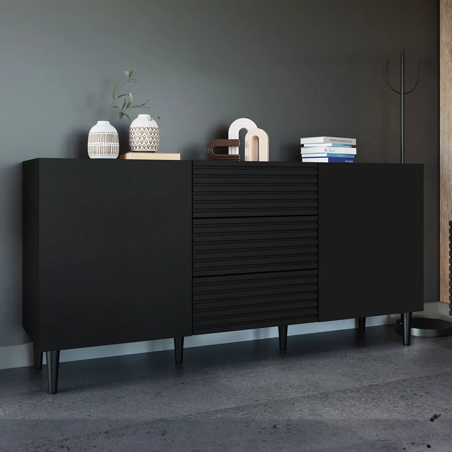 Garnero Arredamenti Madia 156x76h cm moderna design cannettato nero Flippo New