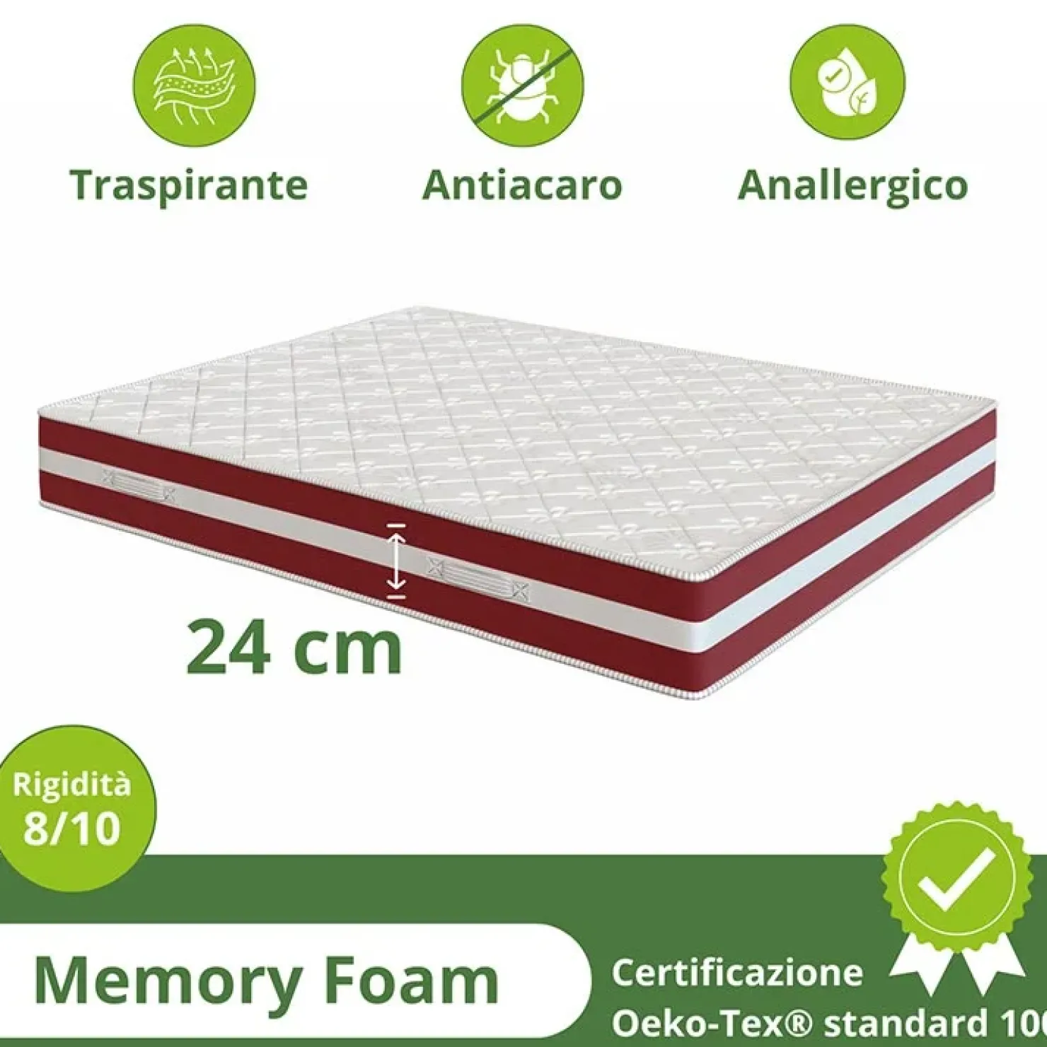 Garnero Arredamenti Materasso alla francese 140x200cm doppio strato memory antiacaro H. 24cm Superior Memory Best