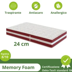 Garnero Arredamenti Materasso singolo 80x190cm doppio strato memory antiacaro H. 24cm Superior Memory