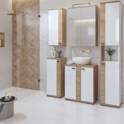 Garnero Arredamenti Mobile bagno a terra 61cm con specchio e colonne bianco lucido rovere Crystal Discount