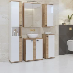 Garnero Arredamenti Mobile bagno a terra 61cm con specchio e colonne bianco lucido rovere Crystal Discount