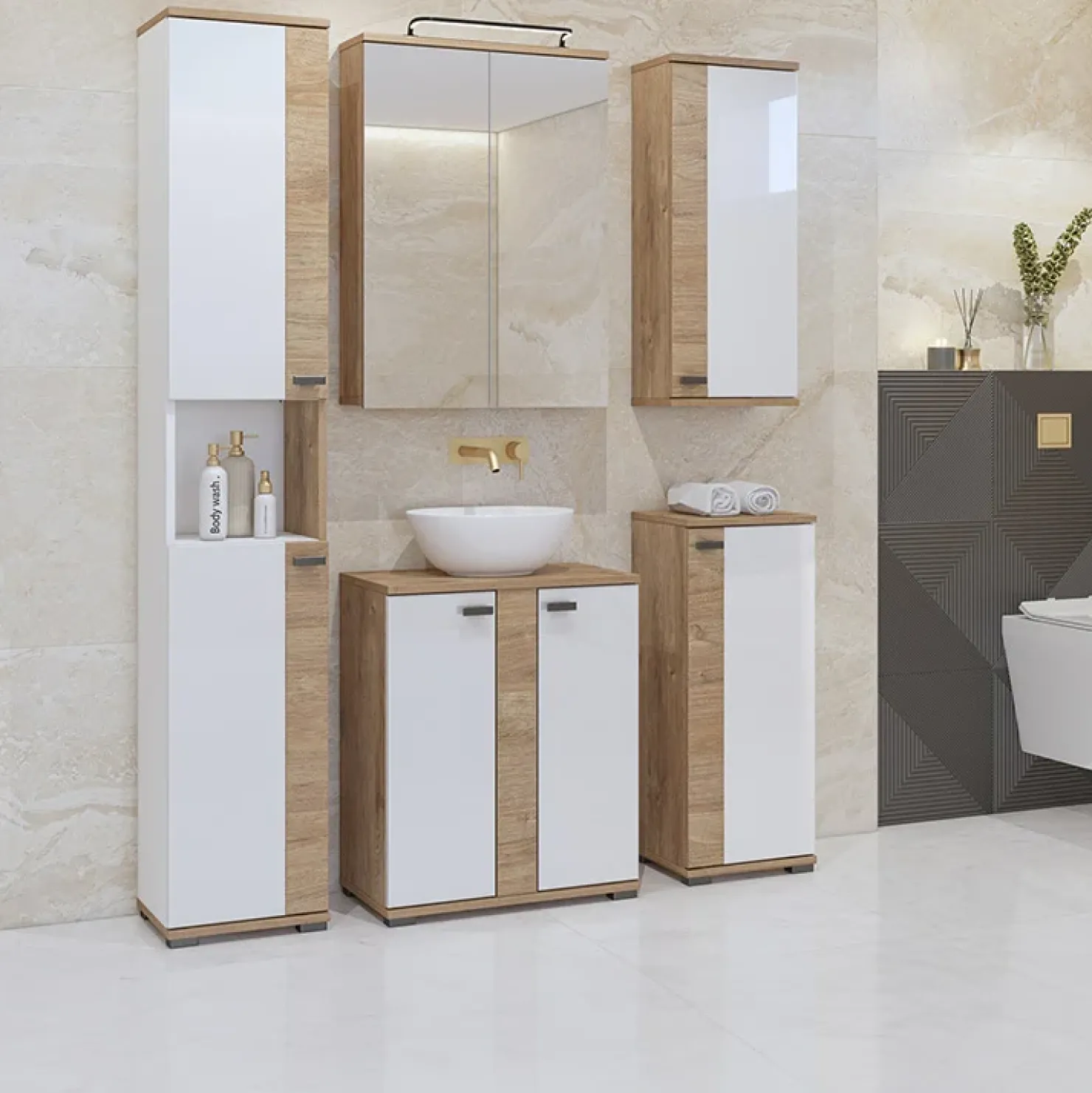 Garnero Arredamenti Mobile bagno a terra 61cm con specchio e colonne bianco lucido rovere Crystal Discount