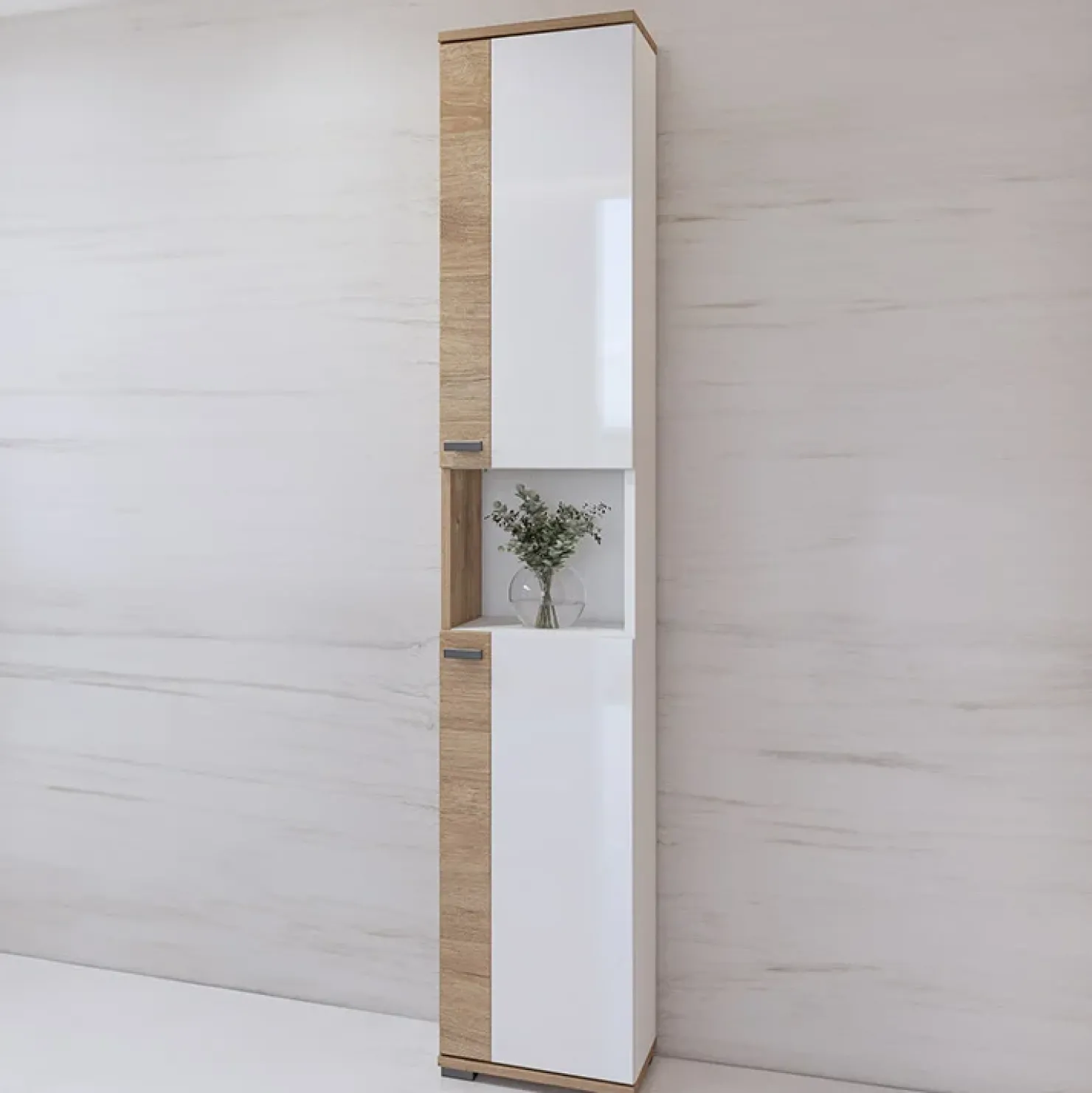 Garnero Arredamenti Mobile bagno a terra 61cm con specchio e colonne bianco lucido rovere Crystal Discount