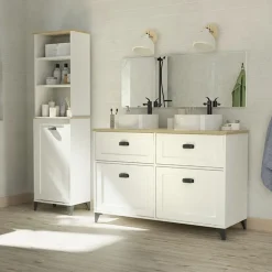 Garnero Arredamenti Mobile bagno a terra 120cm con doppio lavabo e colonna shabby bianco rovere Ilias New