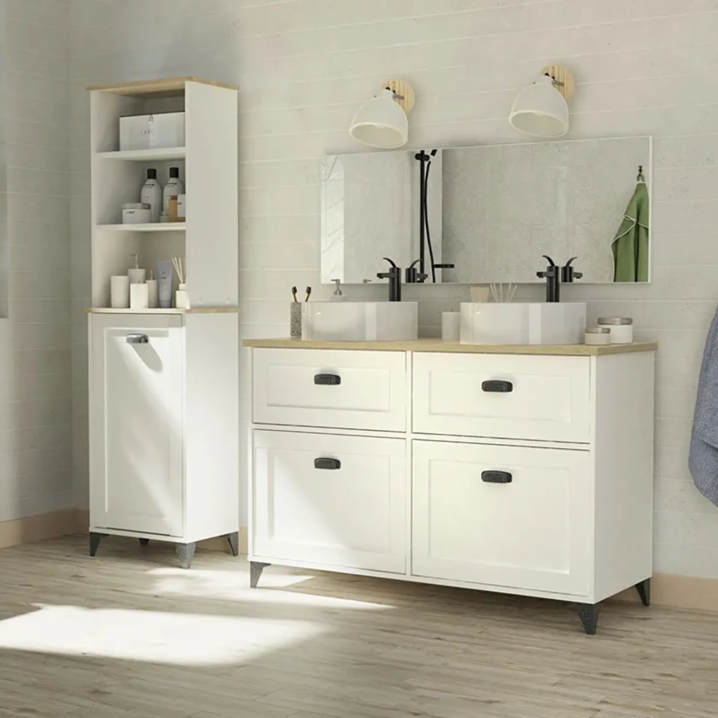 Garnero Arredamenti Mobile bagno a terra 120cm con doppio lavabo e colonna shabby bianco rovere Ilias New